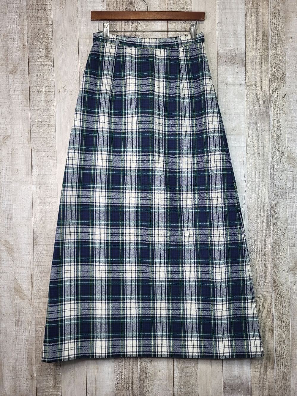 Union Made Plaid A-Line Maxi Skirt in Navy, Green and White.
